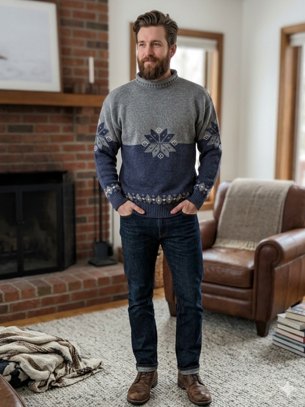 Vintage Gap 90s Roll Neck Snowflake Sweater Men L Nordic Fair Isle Knit Oarsmen